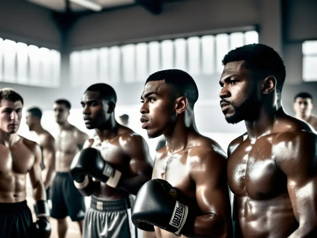 Boxeadores: Determinación y Resiliencia en el Gimnasio Jóvenes boxeadores en un gimnasio, rostros sudorosos bajo luces intensas