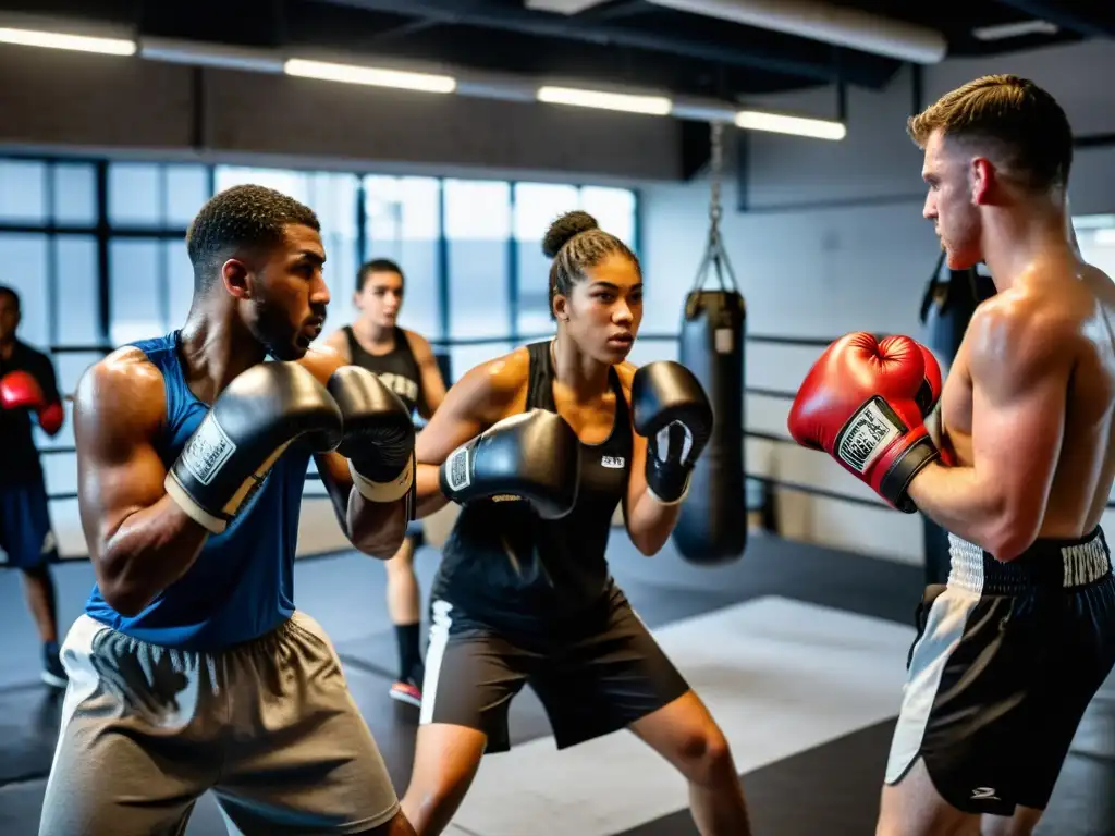 Entrenamiento de boxeo en gimnasio urbano Jóvenes boxeadores entrenan con determinación en un gimnasio urbano, mostrando el impacto del boxeo en reinserción social
