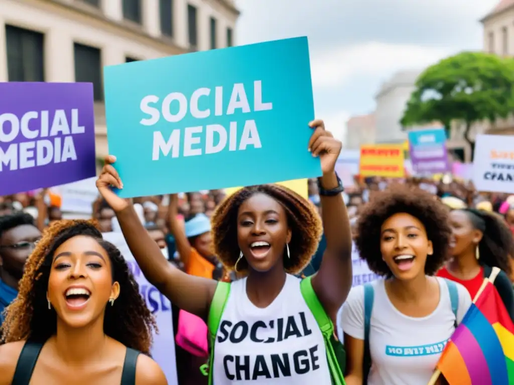 Jóvenes marchan con carteles coloridos en apoyo a causa social, utilizando hashtags para movilizarse