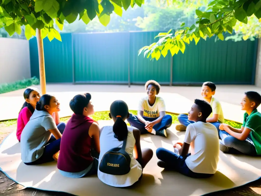 Jóvenes en círculo al aire libre, discutiendo animadamente bajo árboles