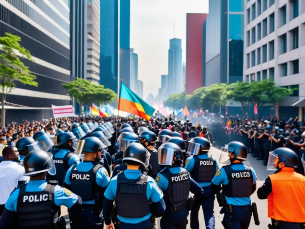 Jóvenes protestan en una ciudad con policía y pancartas, reflejando la juventud en países con gobiernos autoritarios