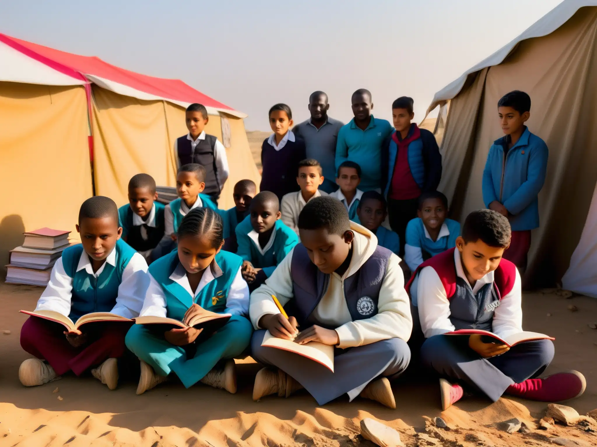 Jóvenes en clase al aire libre en campamento de refugiados, mostrando determinación y esperanza a pesar de las consecuencias del desplazamiento forzado