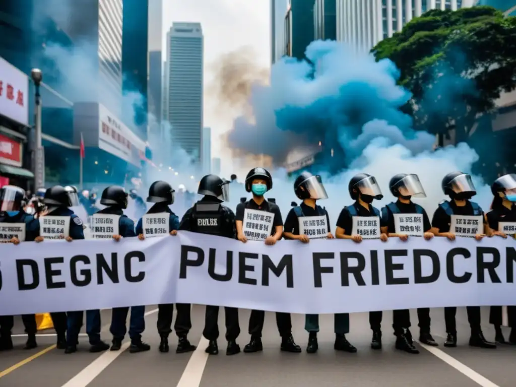 Jóvenes protestando por la democracia en Hong Kong frente a la policía, desafiando el gas lacrimógeno