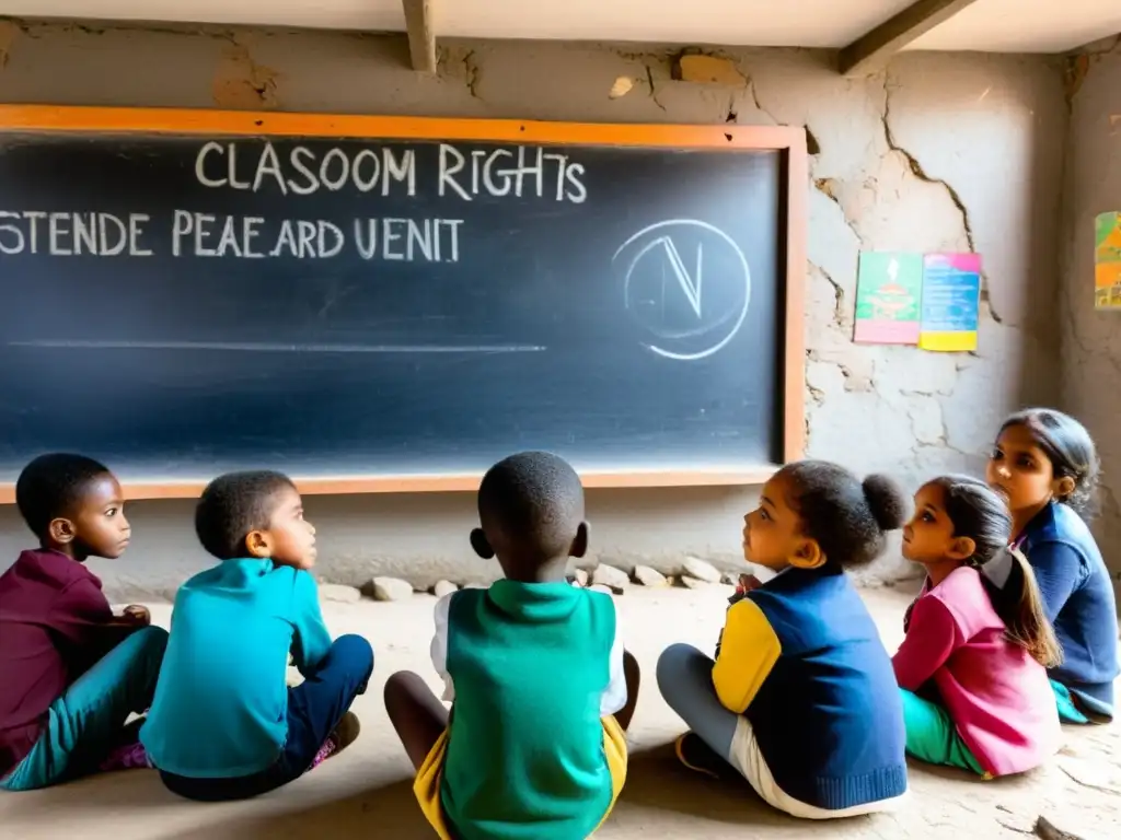 Jóvenes aprenden educación en derechos humanos en conflictos en aula improvisada entre escombros, mostrando esperanza y resiliencia