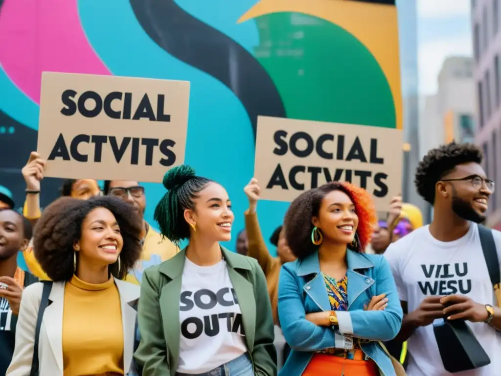 Jóvenes diversxs se reúnen en la ciudad, debatiendo sobre temas sociales, en medio de un ambiente vibrante y lleno de color