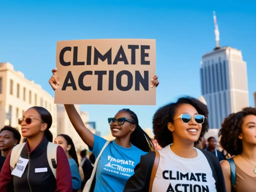 Jóvenes diversxs protestando por la acción climática, exigiendo la importancia de educación en derechos humanos frente a la ciudad y cielo azul