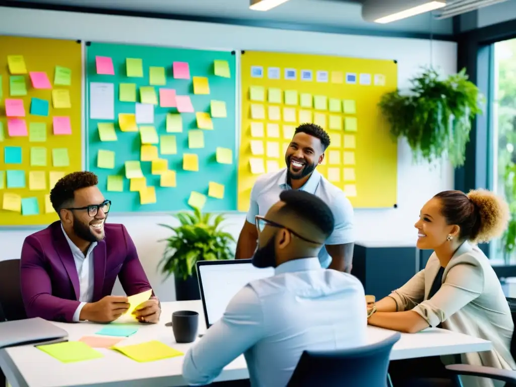 Jóvenes emprendedores generan ideas innovadoras en una oficina moderna, reflejando el impacto positivo de los derechos laborales en startups