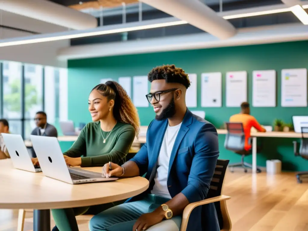 Jóvenes emprendedores colaborando en un moderno espacio de coworking, reflejando la energía de la cultura startup e impacto en derechos laborales