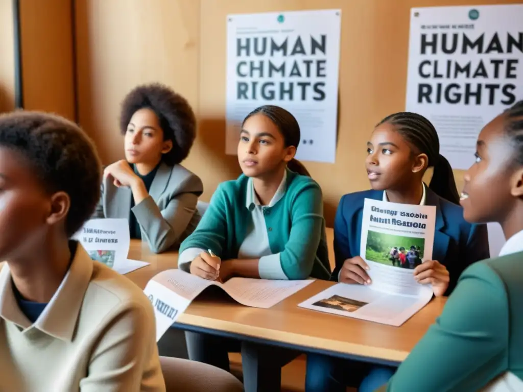 Jóvenes estudiantes apasionados discuten derechos humanos y medio ambiente