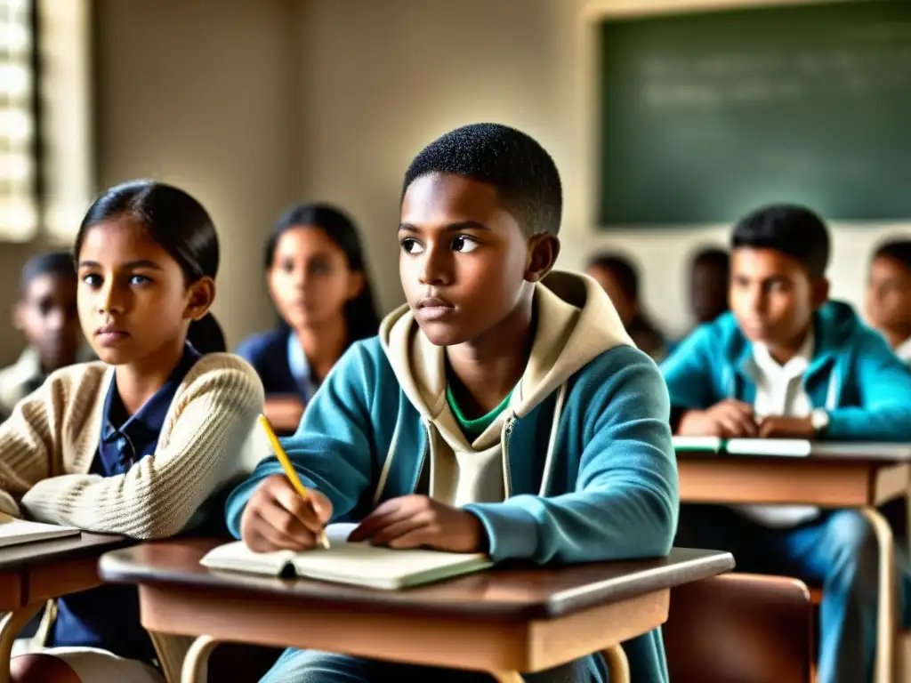 Jóvenes estudiantes en aula con brecha digital educativa evidente, reflejando impacto en derechos humanos en la era de la información