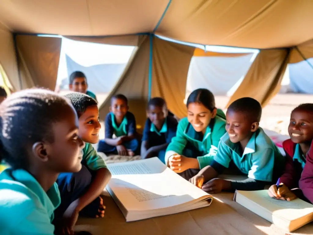 Jóvenes estudiantes en un campamento de refugiados, aprendiendo bajo una carpa improvisada con libros y materiales educativos