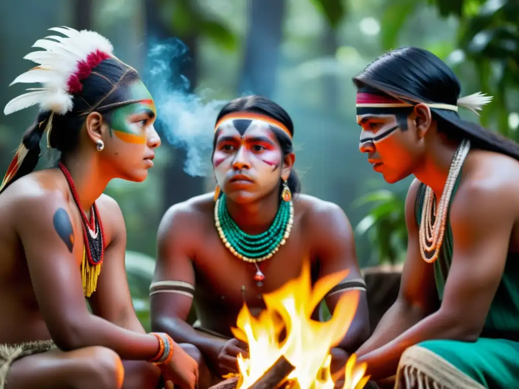 Jóvenes indígenas celebran ceremonia alrededor del fuego, como guardianes de la tradición, rodeados de naturaleza exuberante