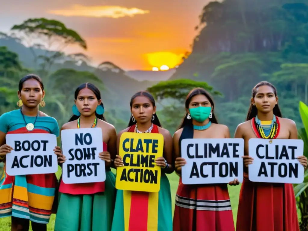 Jóvenes indígenas, Guardianes de la Tradición, levantan carteles por la acción climática en la selva al atardecer