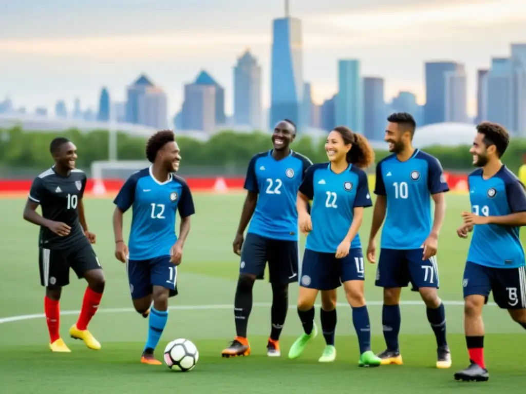 Jóvenes inmigrantes y refugiados de diferentes culturas se unen en un campo de fútbol, mostrando la integración a través del deporte