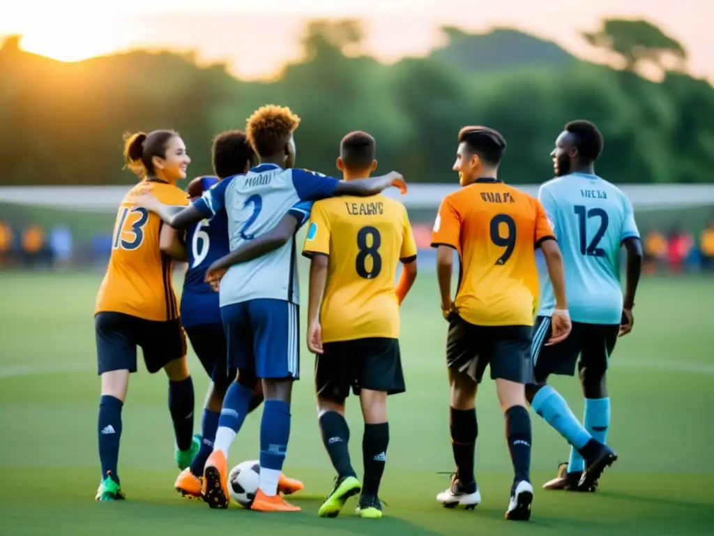 Jóvenes inmigrantes y refugiados juegan fútbol en un parque de la ciudad al atardecer, mostrando la integración a través del deporte