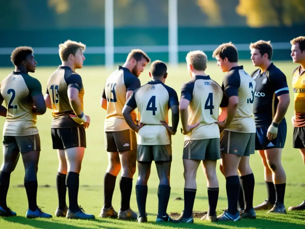 Jóvenes jugadores de rugby escuchan atentos a su entrenador en el campo, bañados en barro y sudor