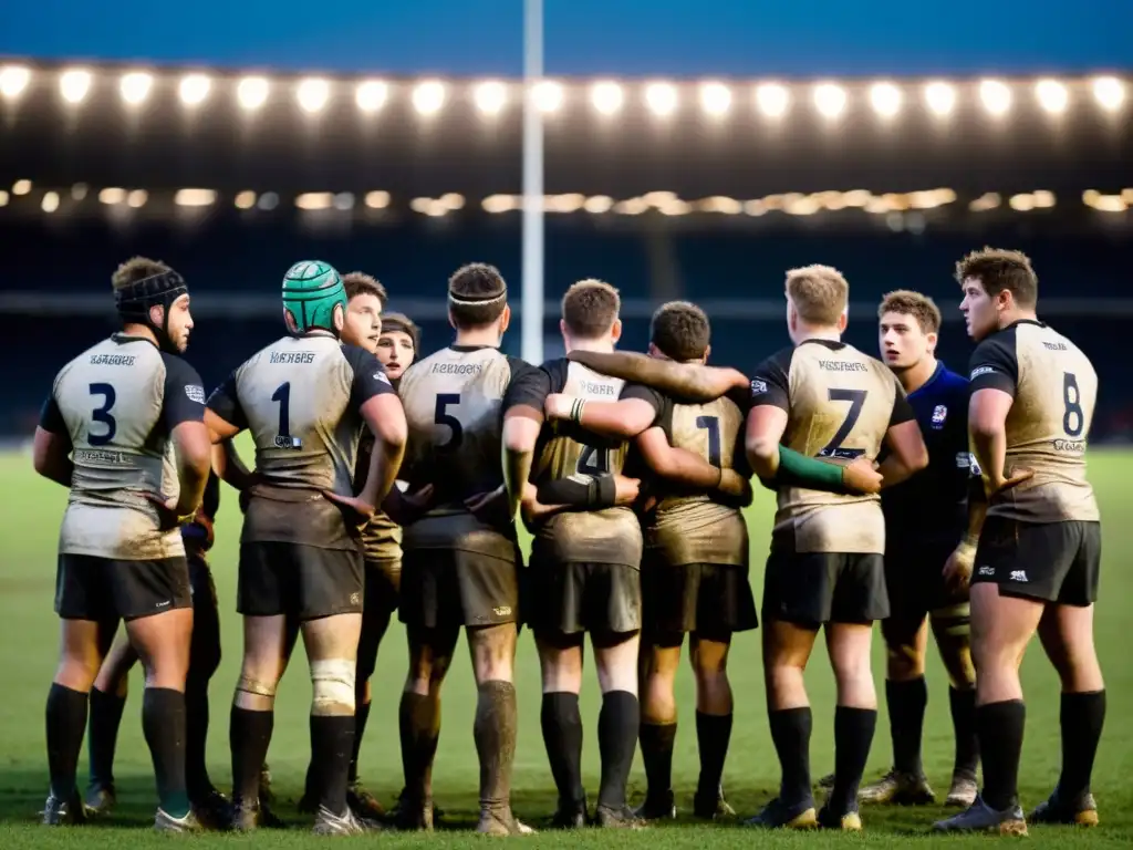 Jóvenes jugadores de rugby escuchan atentamente a su entrenador bajo las luces del estadio, destacando el desarrollo de habilidades de vida