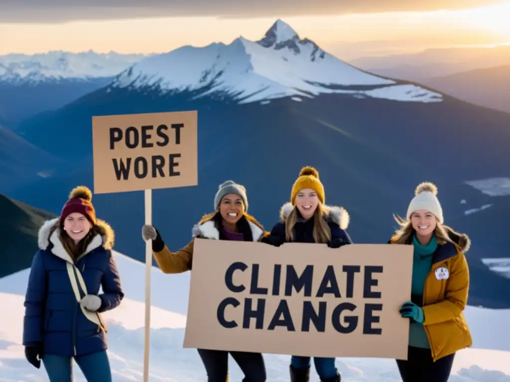 Jóvenes líderes climáticas en la cima de la montaña, con carteles de protesta sobre el cambio climático