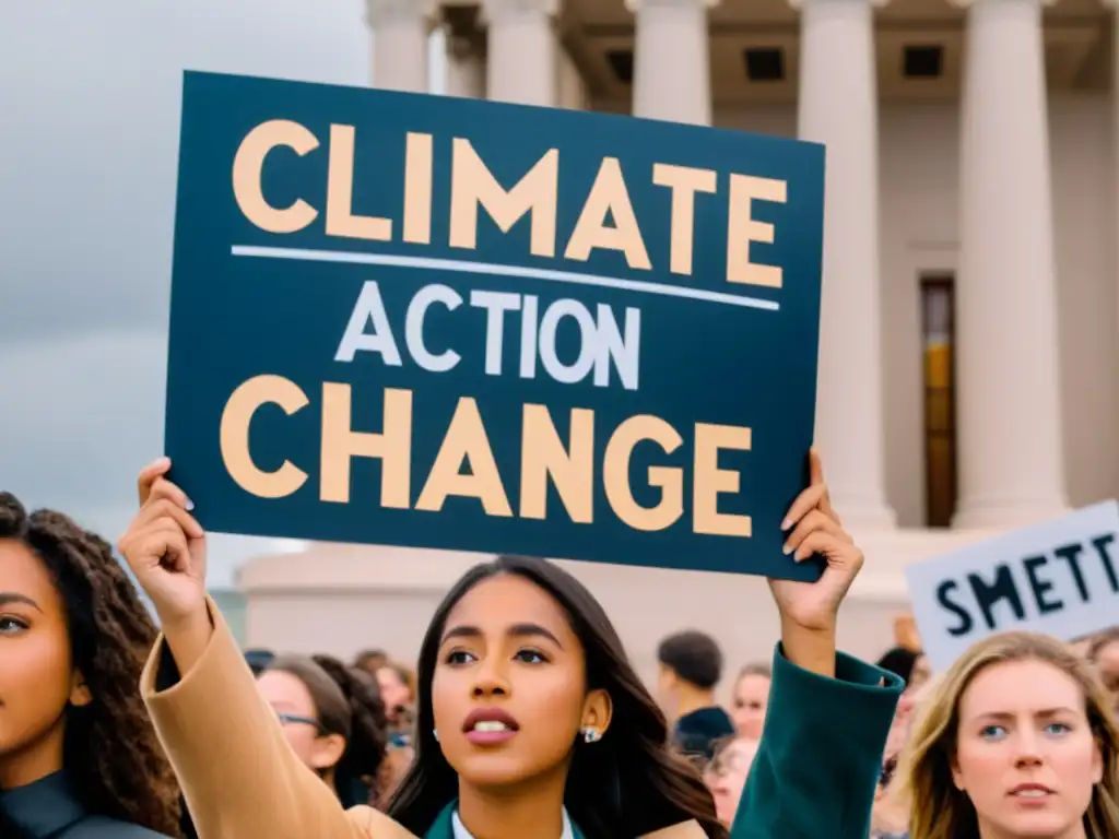 Jóvenes líderes climáticas luchando por el empoderamiento femenino y la acción climática, con expresiones determinadas frente a un edificio gubernamental, respaldadas por una multitud