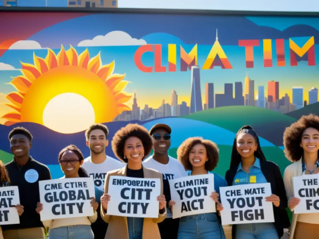 Jóvenes líderes empoderados luchan por los derechos humanos y el medio ambiente frente a un mural vibrante