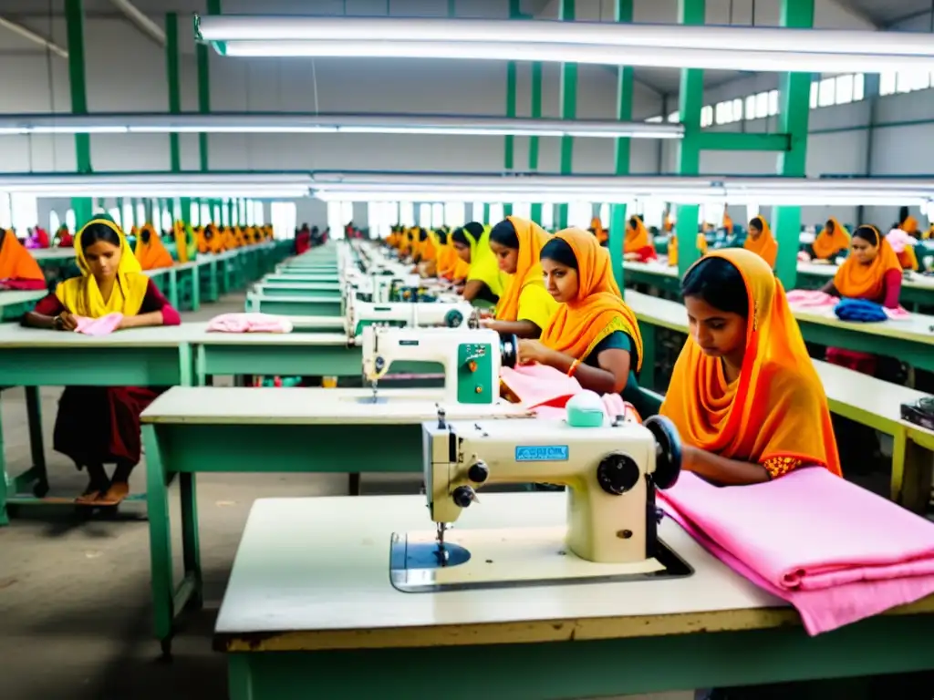 Jóvenes mujeres trabajadoras en una fábrica de confección en Bangladesh, cosiendo textiles coloridos bajo luces fluorescentes