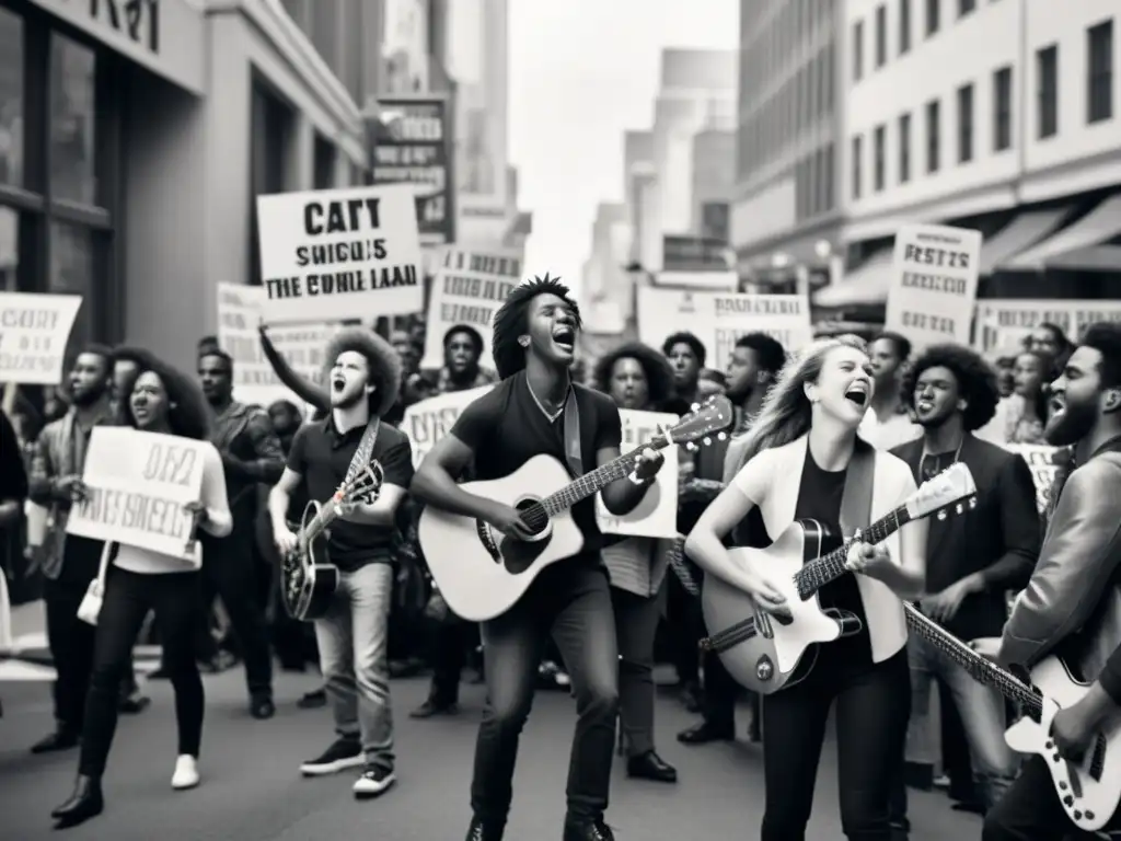 Jóvenes músicos cantan y tocan guitarras en una calle llena de protesta y derechos humanos, transmitiendo energía y pasión