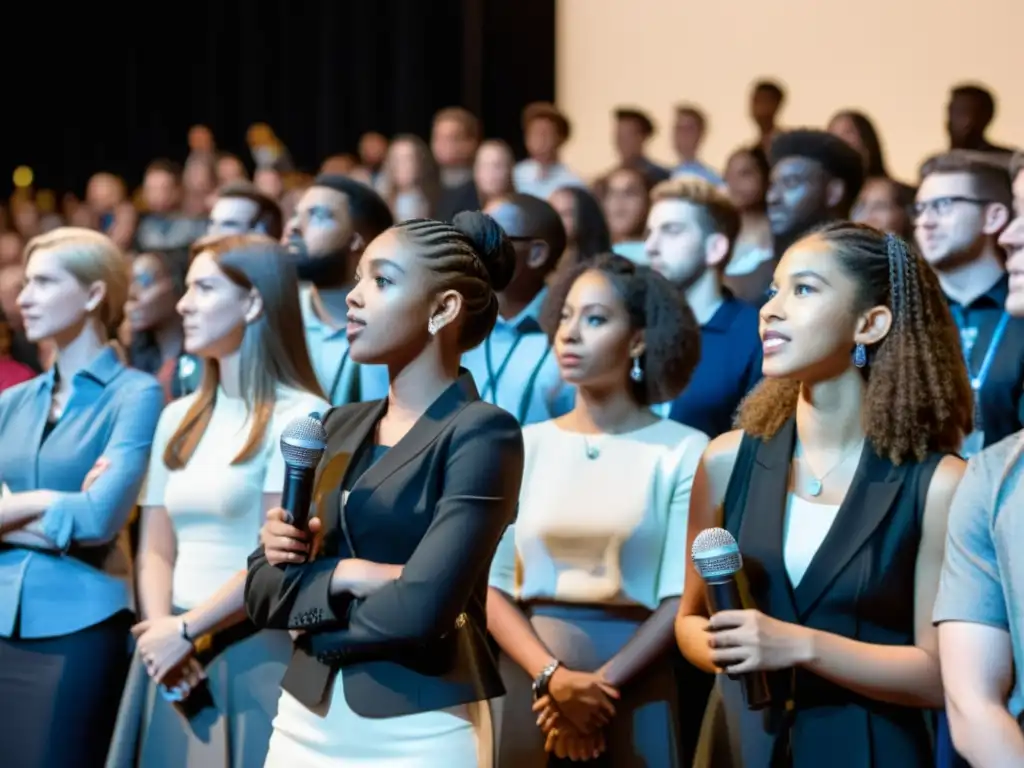 Jóvenes de diferentes orígenes hablan apasionadamente en una conferencia sobre derechos humanos, conectando con un público diverso