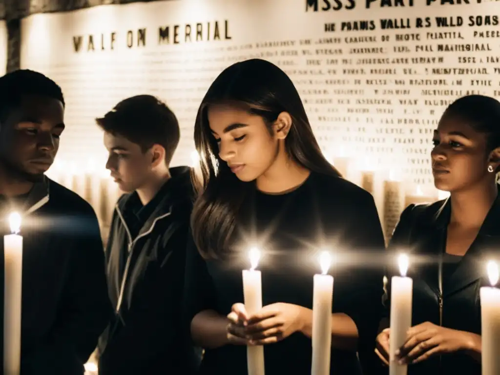 Jóvenes honrando a sus padres desaparecidos en memorial, reflejando la búsqueda de identidad en hijos desaparecidos