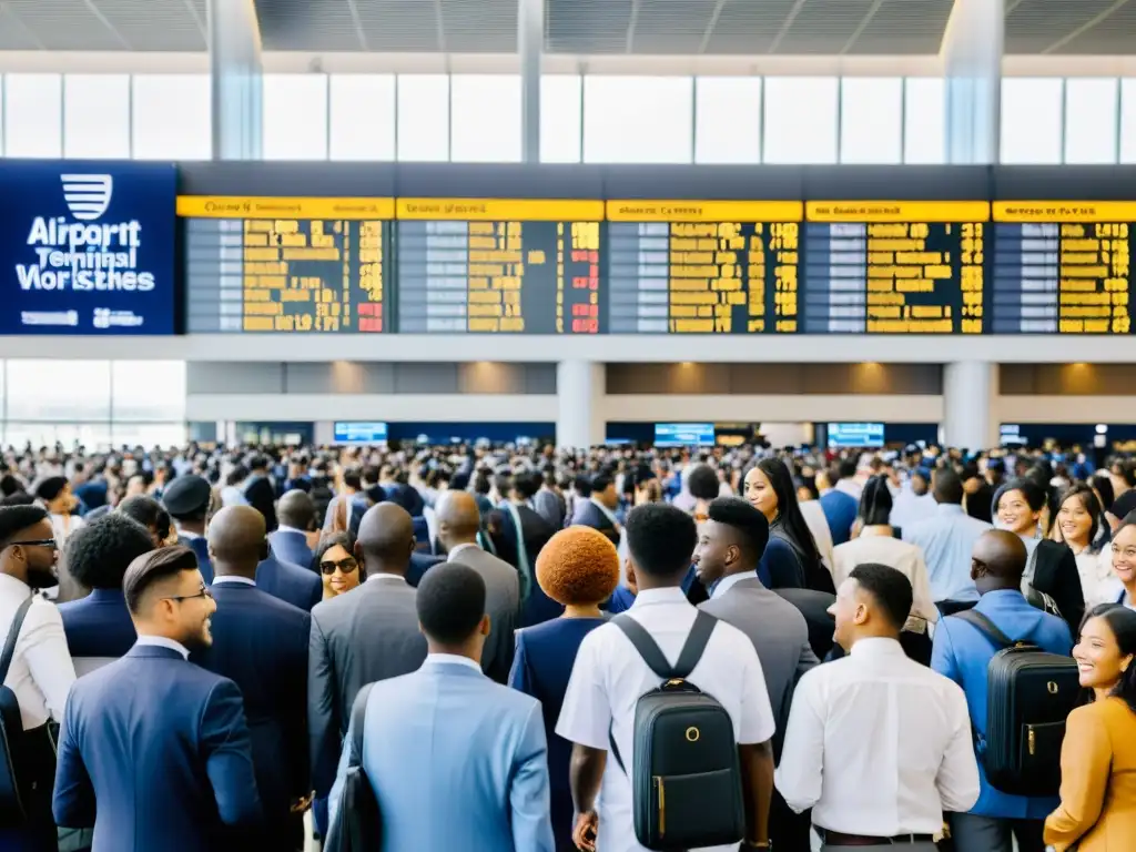 Jóvenes profesionales en aeropuerto internacional, reflejando efectos de la globalización en educación y trabajo