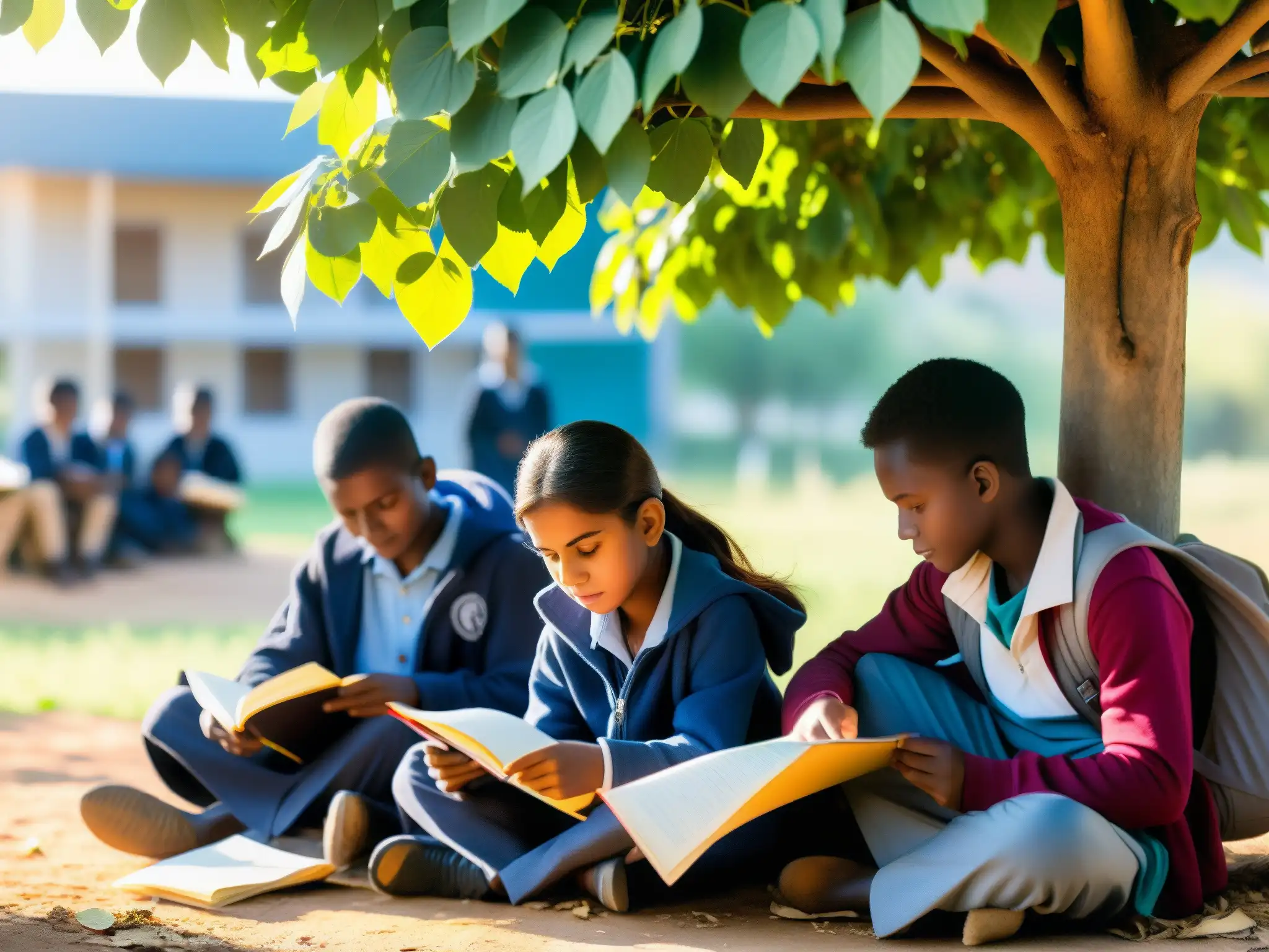 Jóvenes refugiados estudian bajo un árbol, rodeados de libros y materiales de estudio, mostrando determinación y el derecho a educación en conflictos