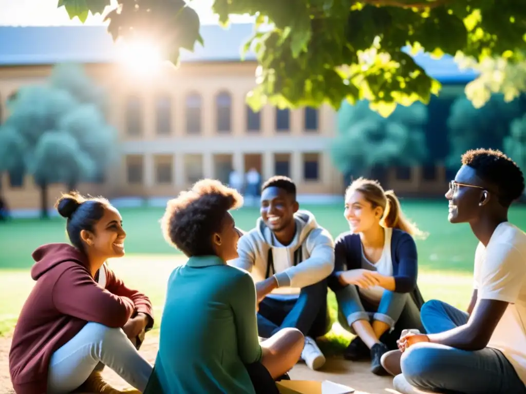 Jóvenes refugiados estudian juntos en universidad, compartiendo conocimientos y apoyo