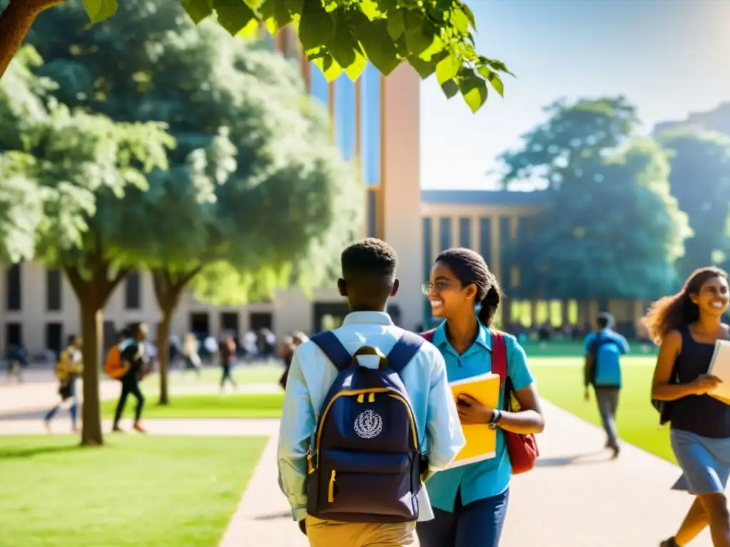 Jóvenes refugiados exploran la universidad con entusiasmo y esperanza, simbolizando acceso a la educación superior para jóvenes refugiados