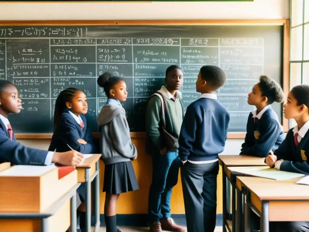 Jóvenes resueltos colaboran en la resolución de problemas frente a la pizarra en una aula modesta, resaltando la importancia de la educación en las consecuencias del desplazamiento forzado