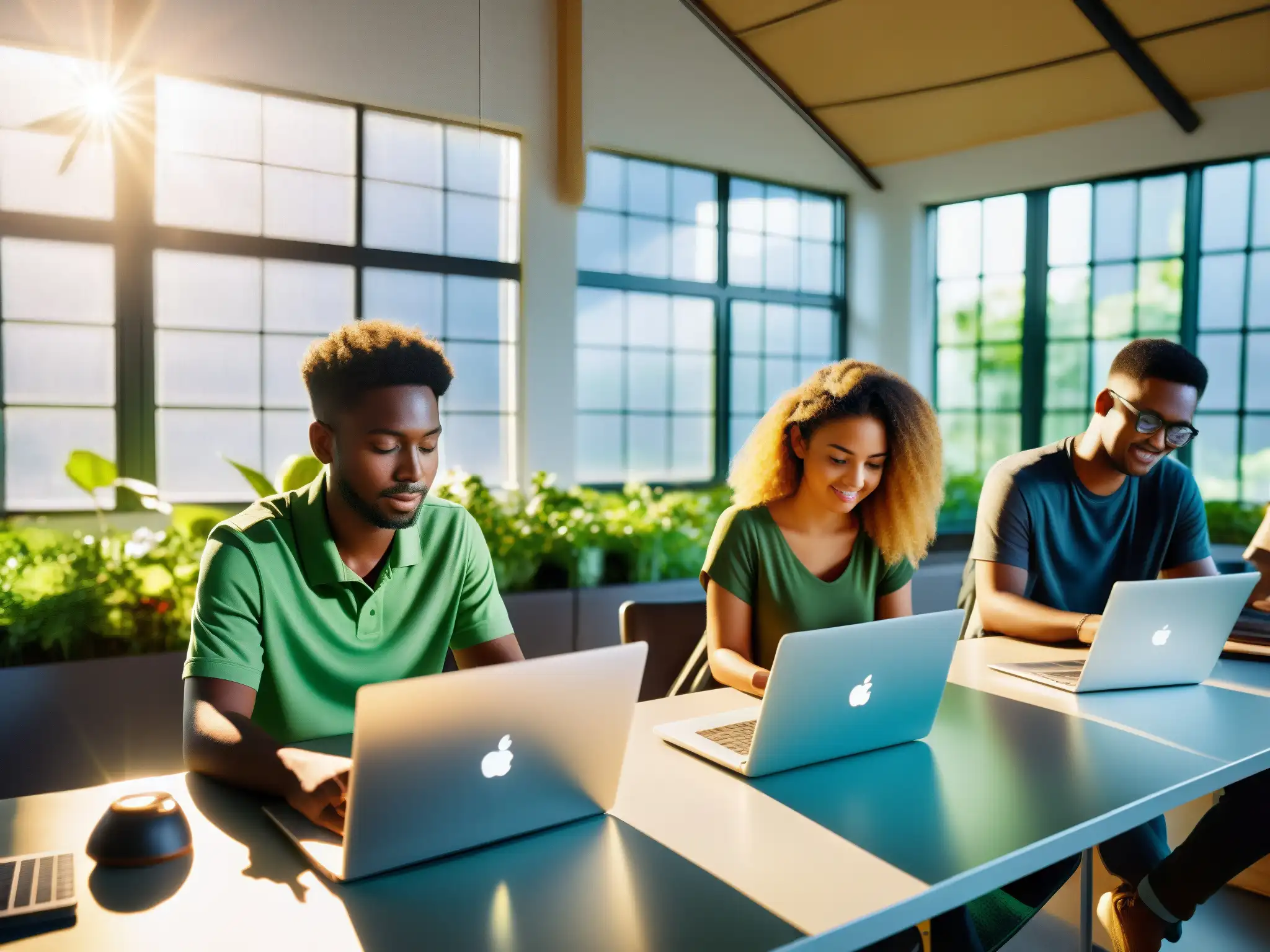 Jóvenes en taller de tecnología rodeados de paneles solares y vegetación, colaborando en proyectos de innovación verde