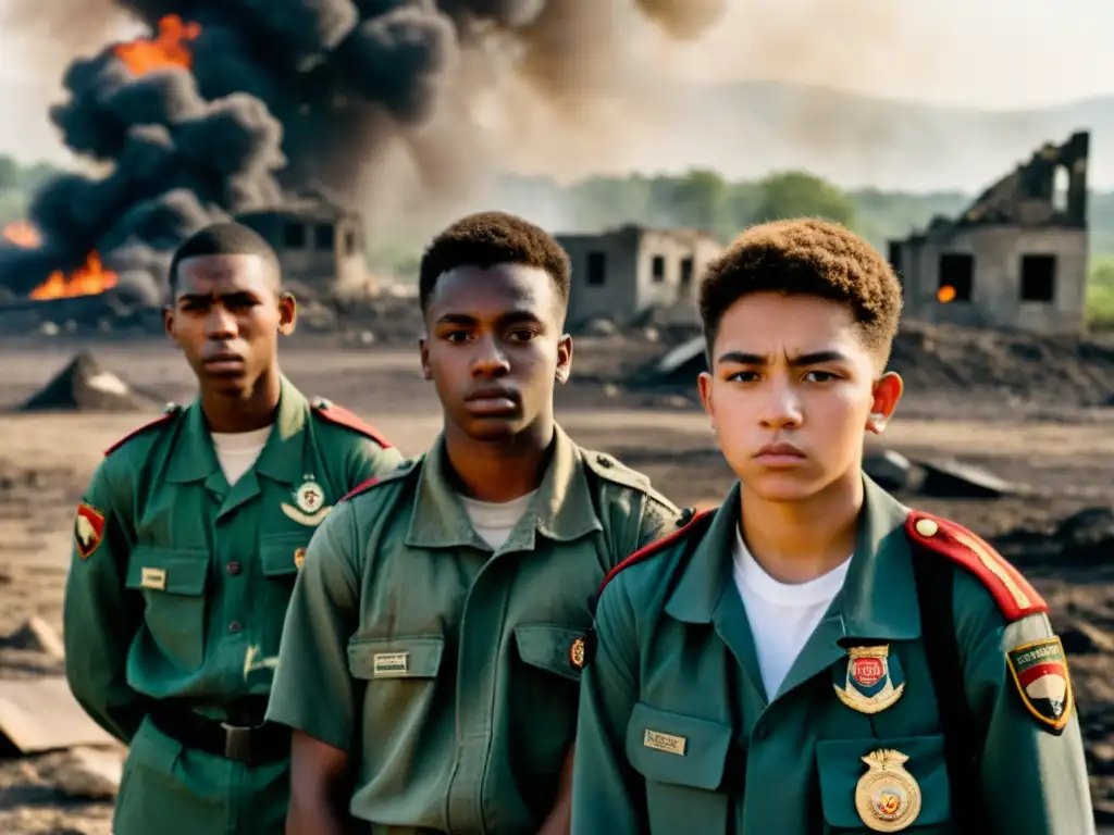 Jóvenes en uniformes militares, rostros cansados y determinados, en un paisaje de guerra