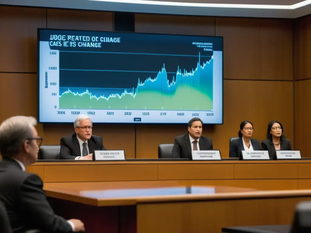 Un juez preside un caso sobre cambio climático, con abogados presentando pruebas y activistas observando