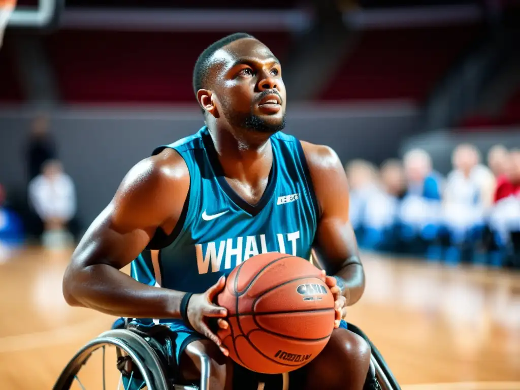 Un jugador de baloncesto en silla de ruedas muestra determinación y habilidad en un juego intenso, desafiando límites