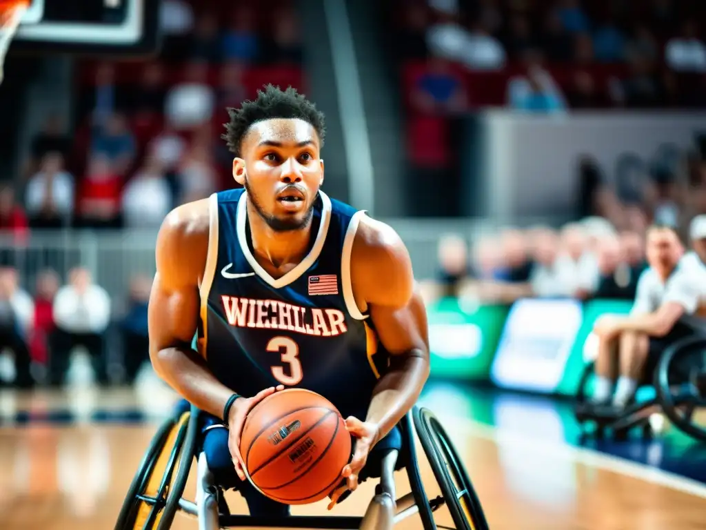 Un jugador de baloncesto en silla de ruedas dribla con determinación, rodeado de acción y espectadores, capturando una historia de superación en el deporte para los derechos humanos