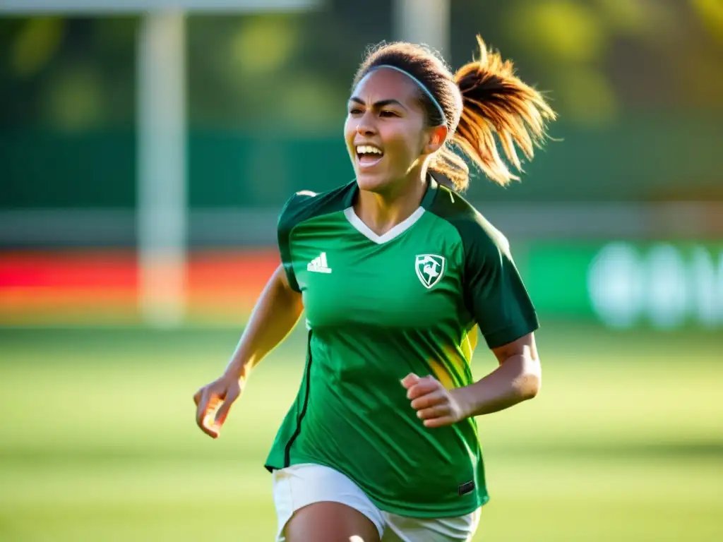 Una jugadora de fútbol femenino muestra determinación al driblar la pelota, desafiando la discriminación de género en el deporte