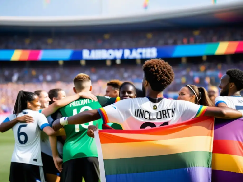 Jugadores de fútbol unidos con bandas arcoíris, en lucha contra la homofobia en el fútbol, rodeados de una multitud inclusiva