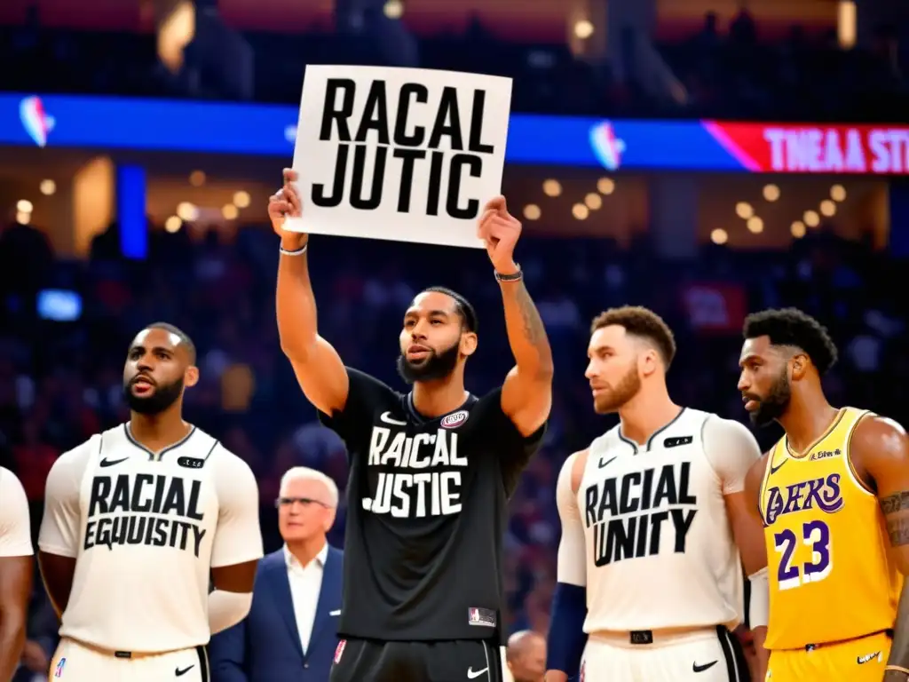 Jugadores NBA unidos por la promoción de igualdad racial, rodeados de aficionados diversos y mensajes de inclusividad, bajo las luces del estadio