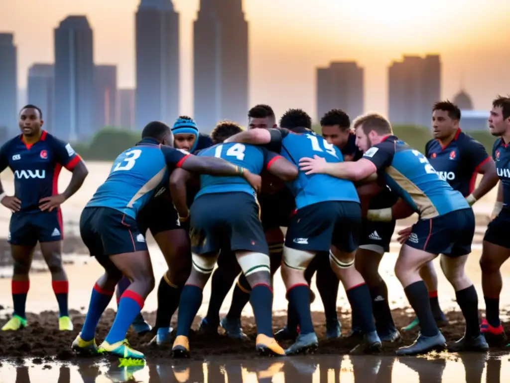 Jugadores de rugby en competencia en un campo embarrado, con el sol poniéndose detrás de la ciudad