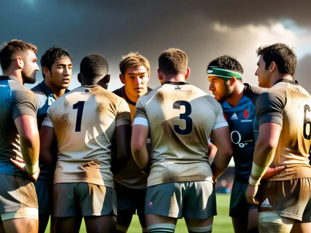 Jugadores de rugby se preparan para el partido, cubiertos de barro y sudor, mostrando determinación y compañerismo