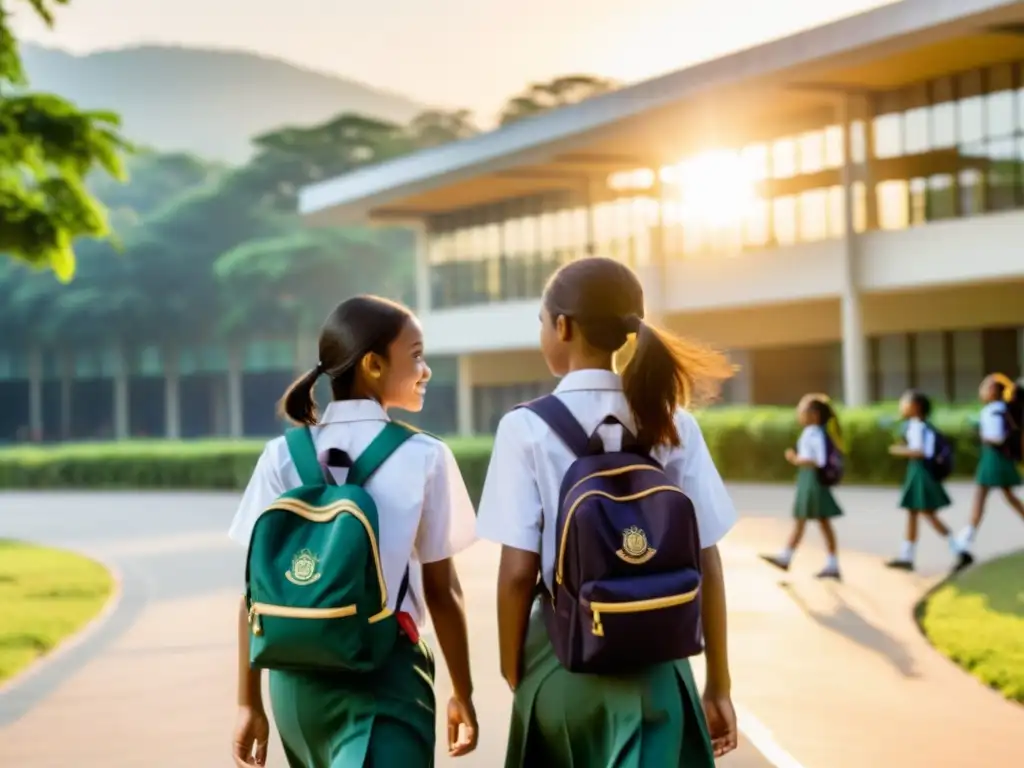 Juntas hacia la educación: niñas de distintas culturas van hacia la escuela, en un amanecer lleno de esperanza