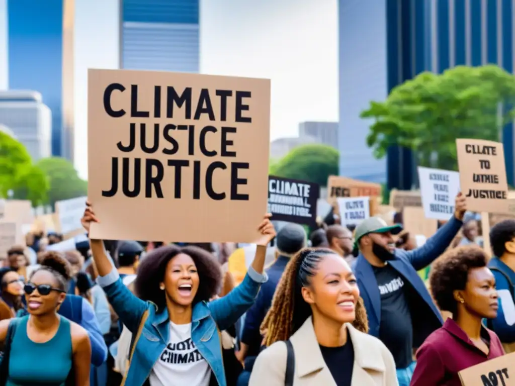 Manifestación por la justicia climática: diversidad de personas marchando con pancartas sobre respuestas nacionales cambio climático en la ciudad