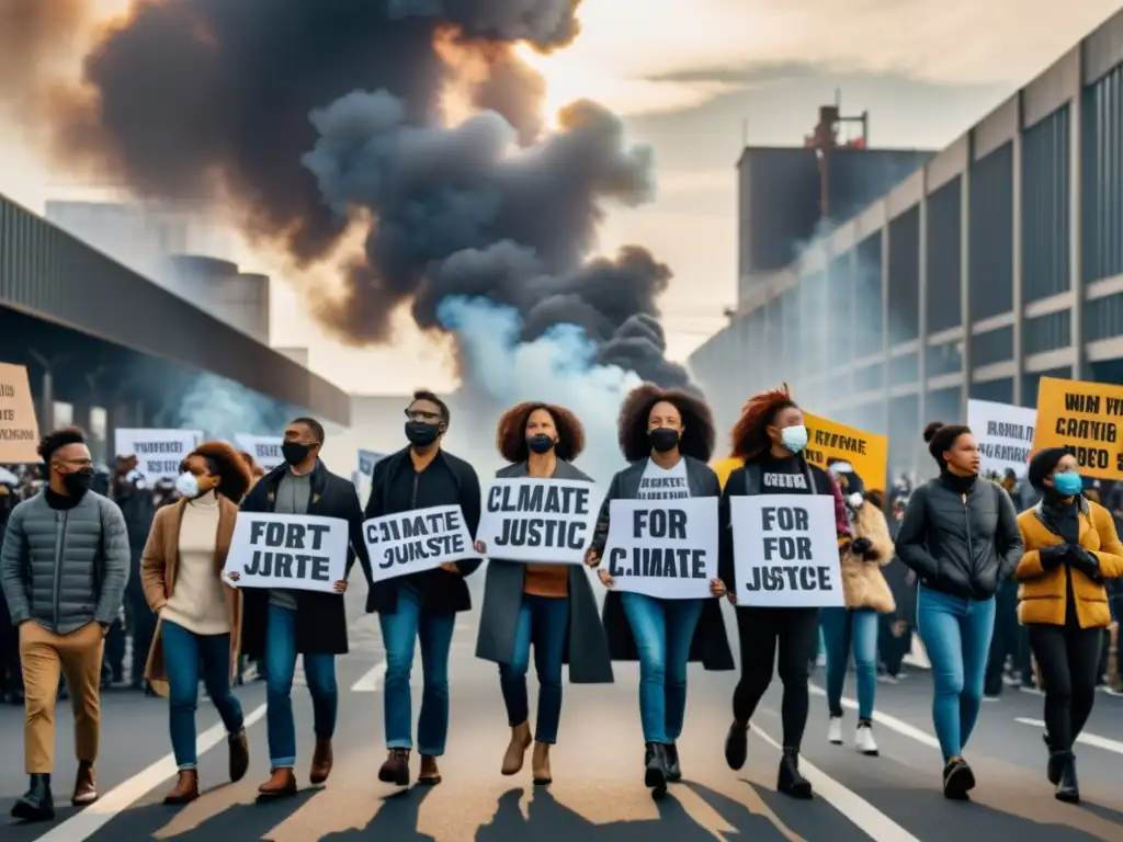 Manifestación por la justicia climática con perspectivas de derechos humanos en la ciudad industrial con cielo brumoso y pancartas