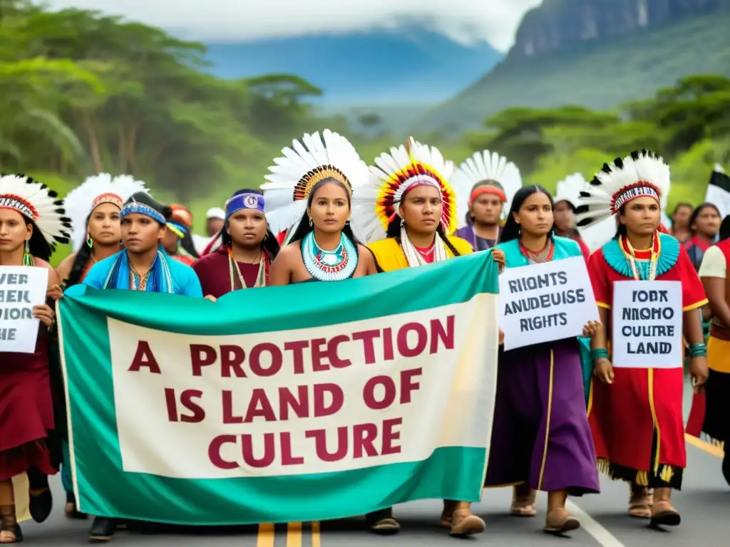 Juventud indígena marchando con pasión y determinación, defendiendo sus derechos y cultura en hermosos colores y paisajes