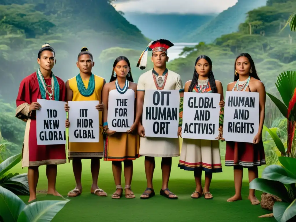 Juventud indígena luchando por derechos humanos globales en un entorno cultural vibrante y natural