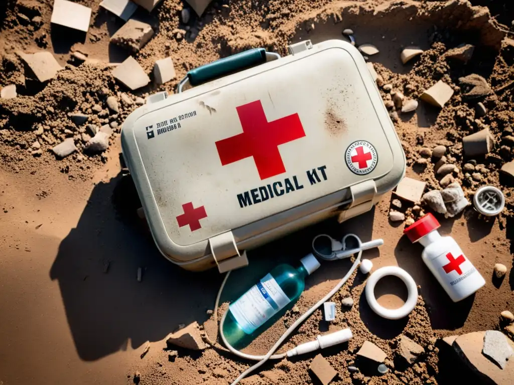 Un kit médico desgastado y abandonado en un área de conflicto, simbolizando las enfermedades olvidadas por conflictos bélicos