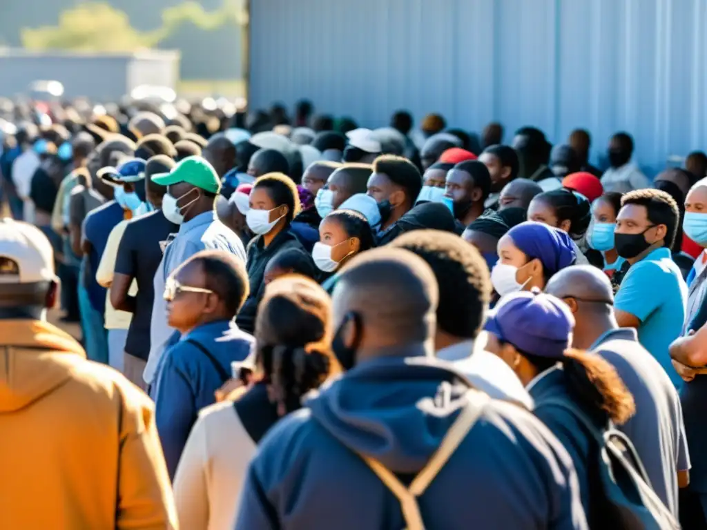 Una larga fila de personas espera en un centro de distribución de alimentos, expresando esperanza y cansancio